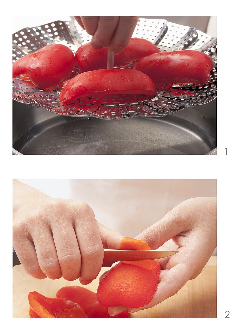 Peppers being skin (steam method)