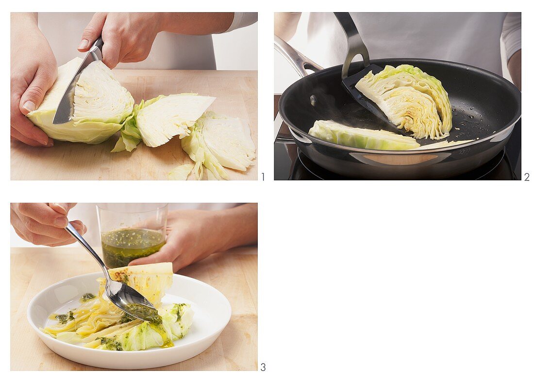 Fried white cabbage being prepared