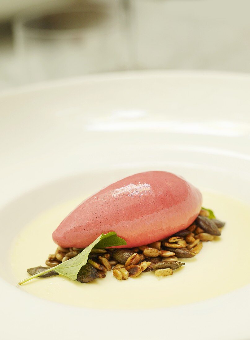 Panna cotta with white chocolate and raspberry sorbet