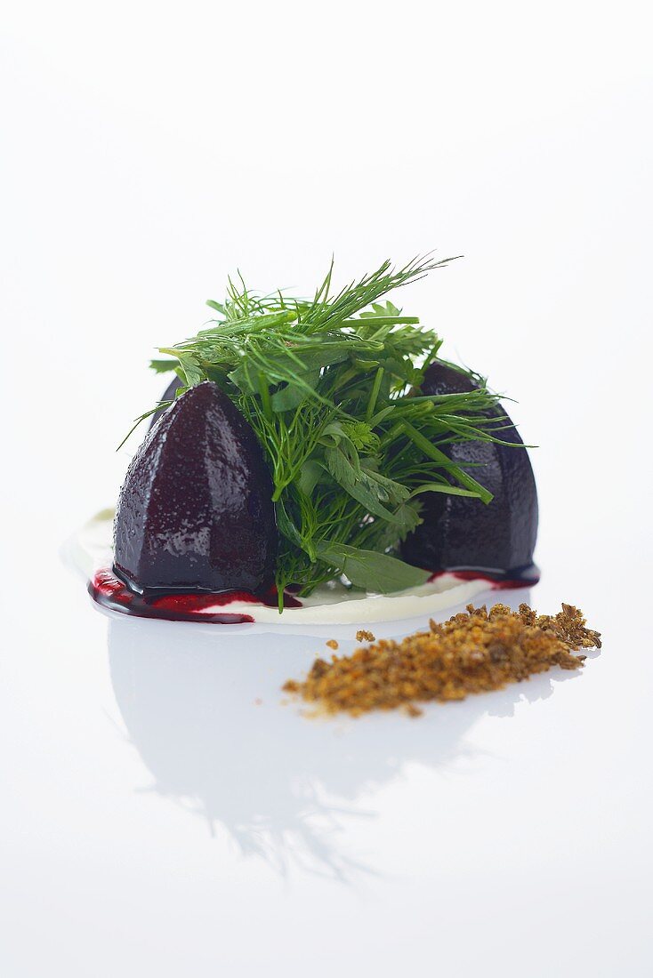 Beetroot with caraway caramel, Roquefort cream and a herb salad