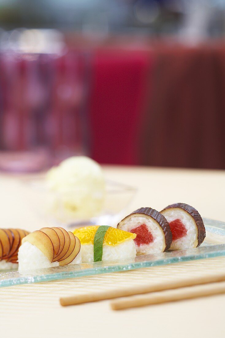 Sweet sushi with wasabi ice cream