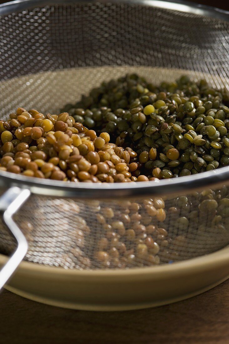 Cooked green and brown lentils in a sieve