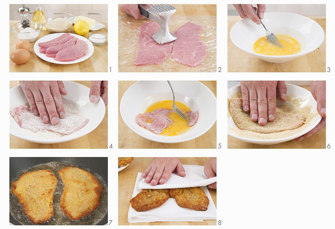 Breaded veal escalope being prepared