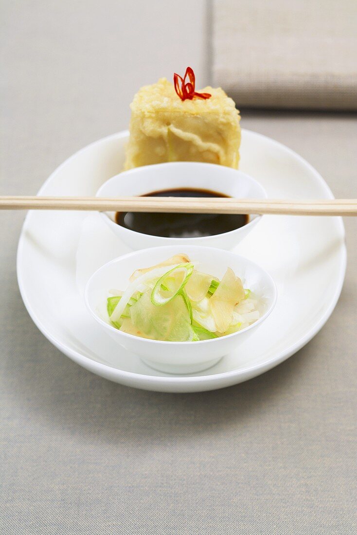 Fried tofu with spring onions, horseradish and soy sauce