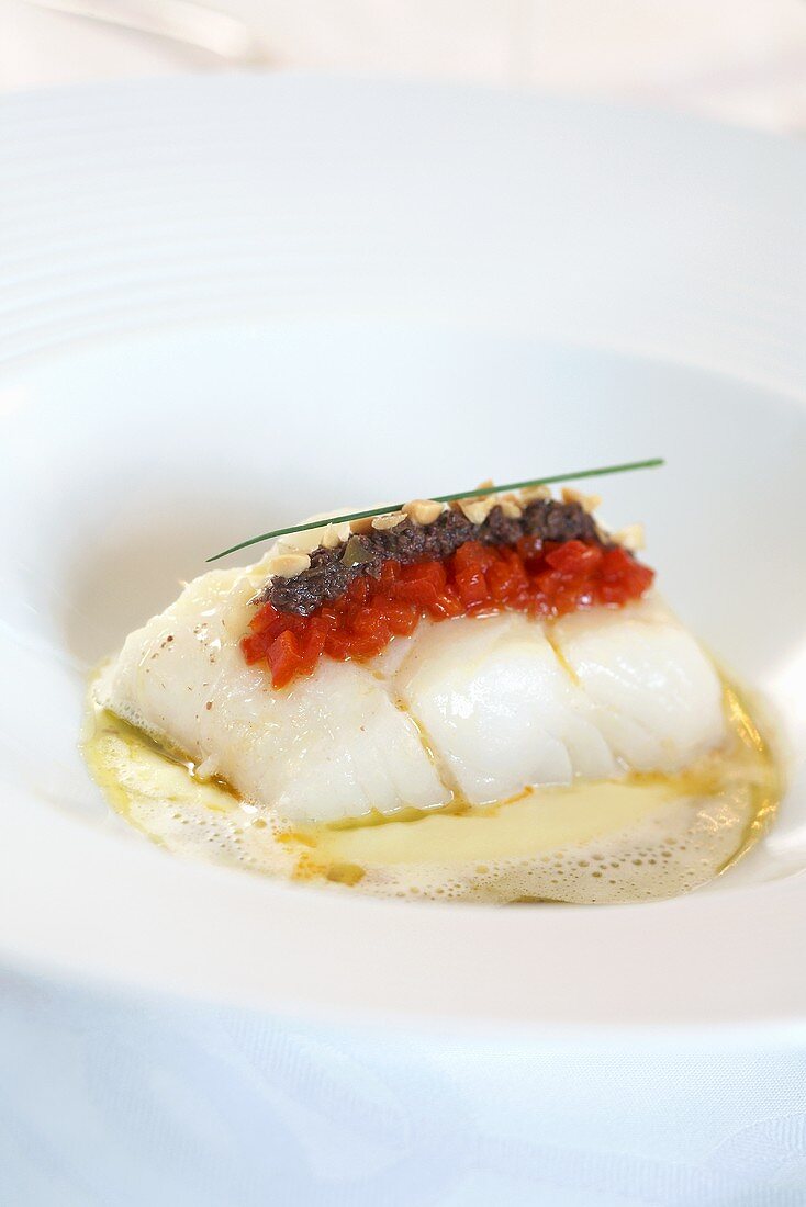 Cod on a bed of potato and olive cream with peppers and peanuts