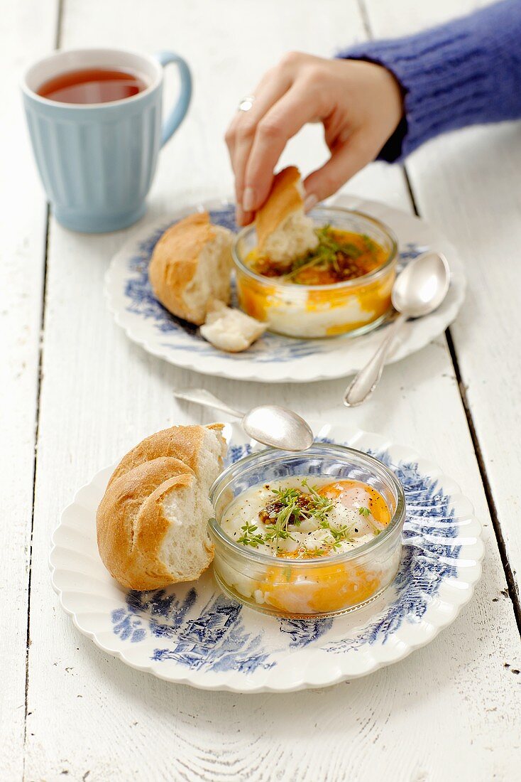 Eggs in a glass bowl with cress