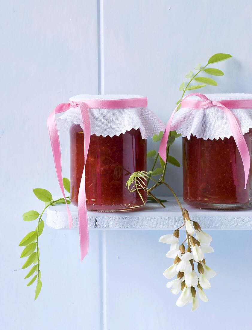 Strawberry jam with acacia flowers