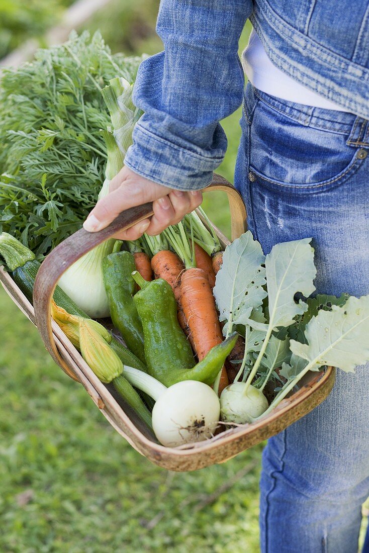 A woman holding a basket of freshly harvested vegetables in a garden