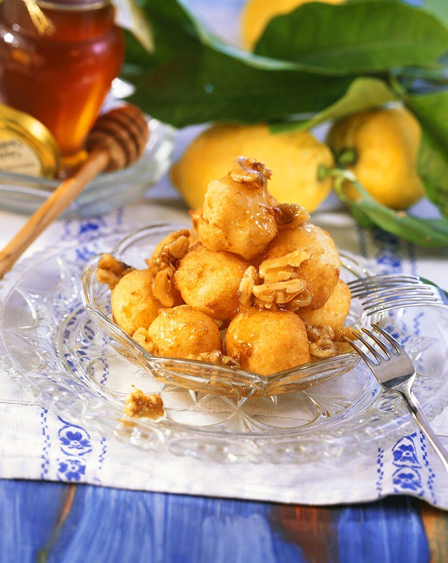 Loukoumades (Greek honey balls with walnuts)