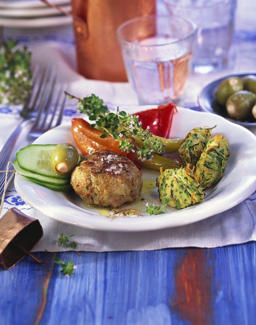 Hackbällchen mit Feta und gebackene Zucchininocken