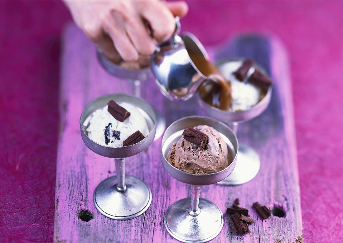 Chocolate & vanilla ice cream with chocolate & caramel sauce