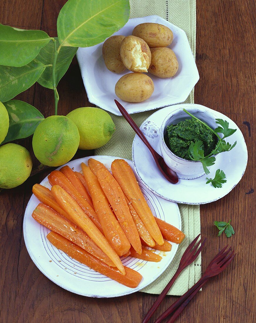 Lemon carrots with parsley pesto and boiled potatoes