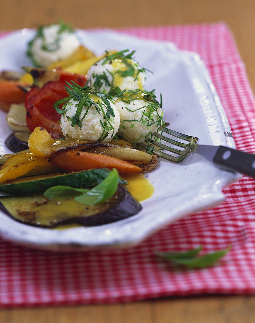Roasted summer vegetables with cheese balls & honey dressing