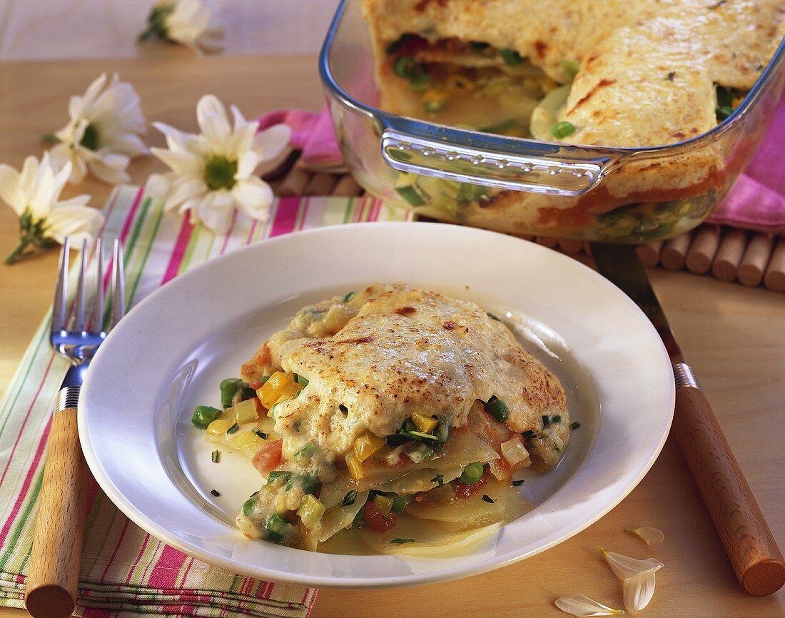 Gemüselasagne mit Kartoffeln, grünen Bohnen & Paprika