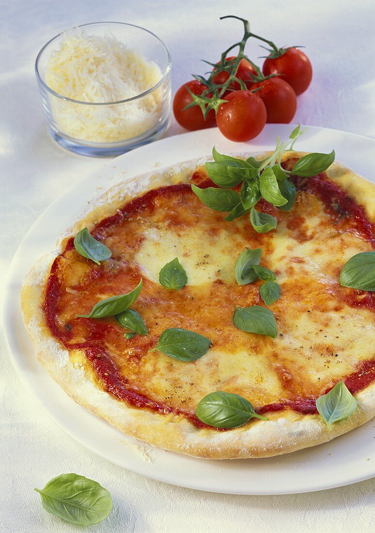 Pizza margherita (Pizza mit Mozzarella & Basilikum, Italien)