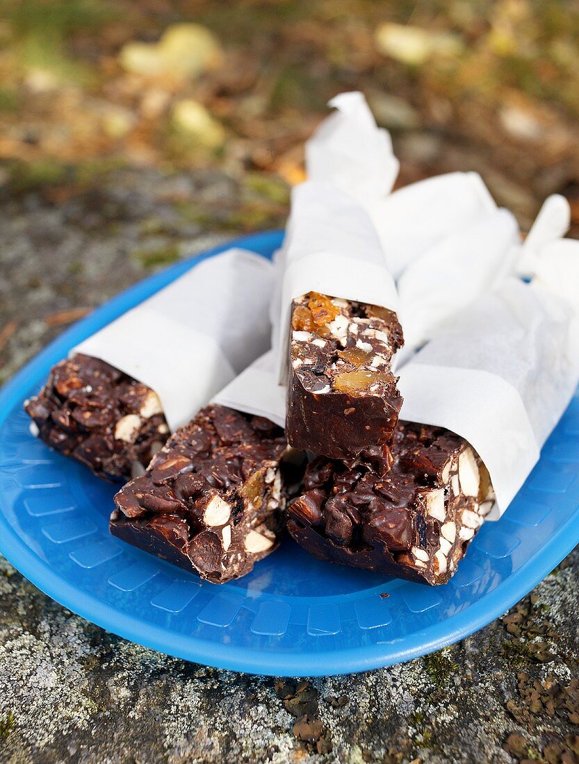 Chocolate bars with nuts and dried fruit