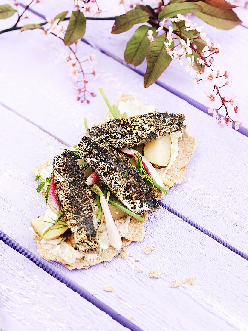 Herring, potato, radishes and horseradish on crispbread