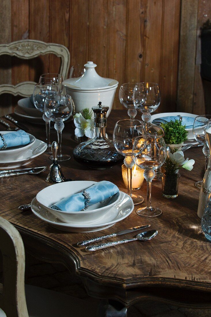 Laid table in rustic house