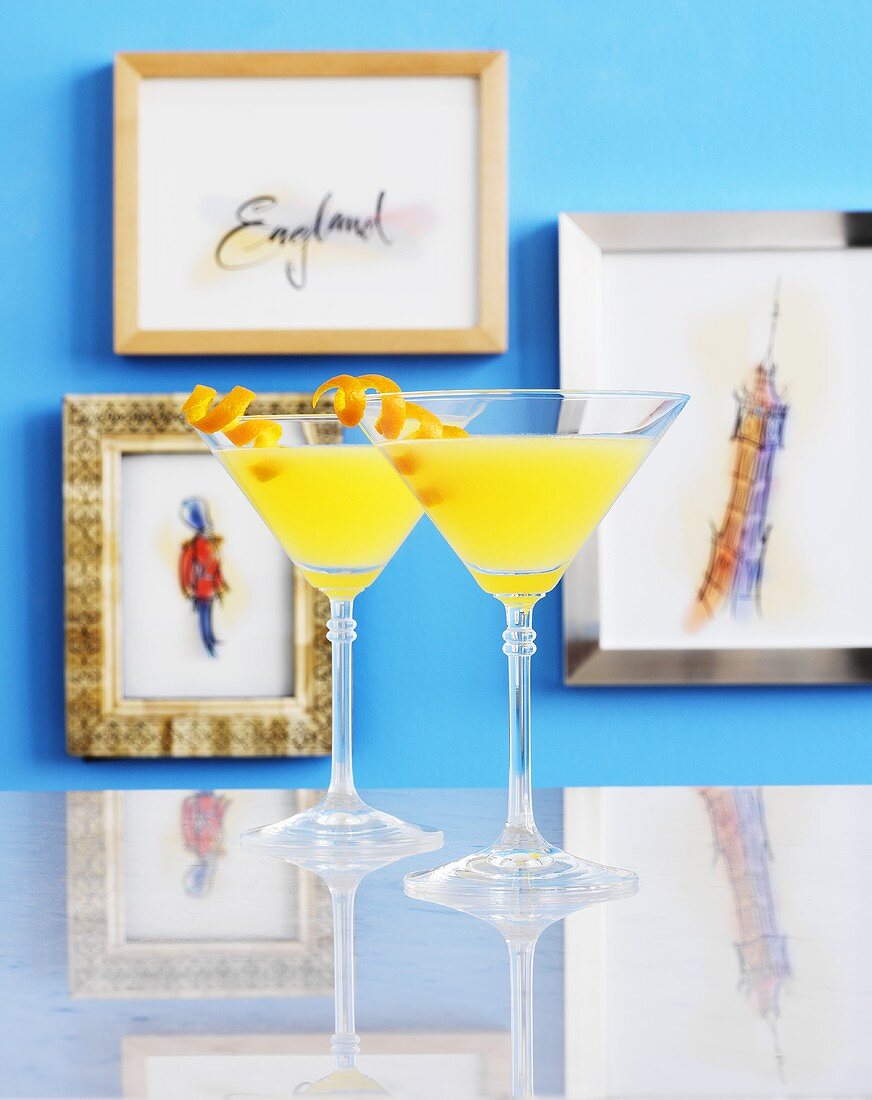 Lemon Martinis in front of pictures depicting England