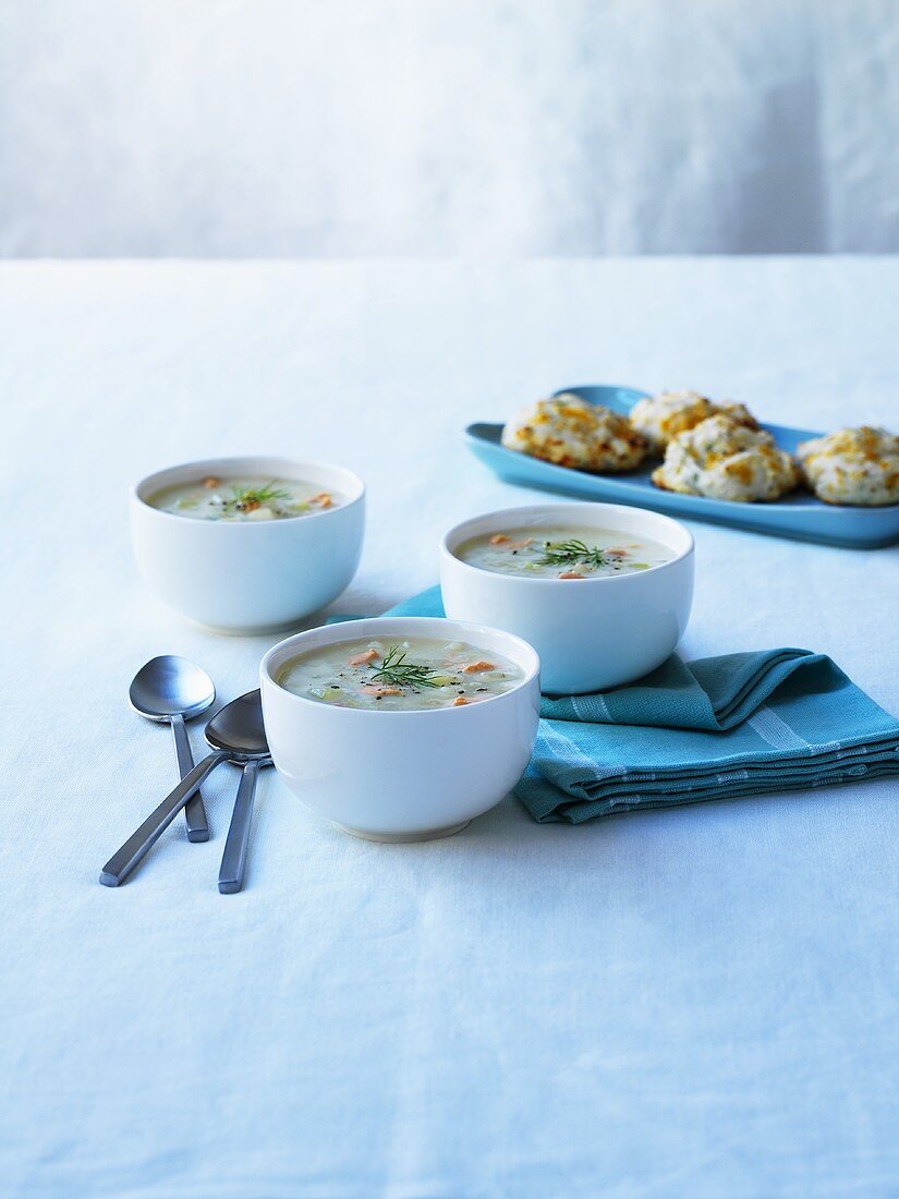 Sevral bowls of soup and scones
