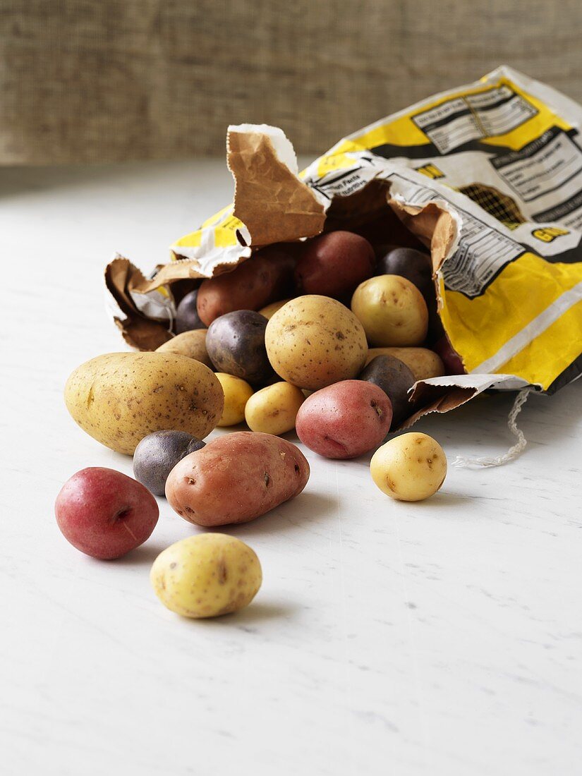 Various types of potatoes falling out of paper sack