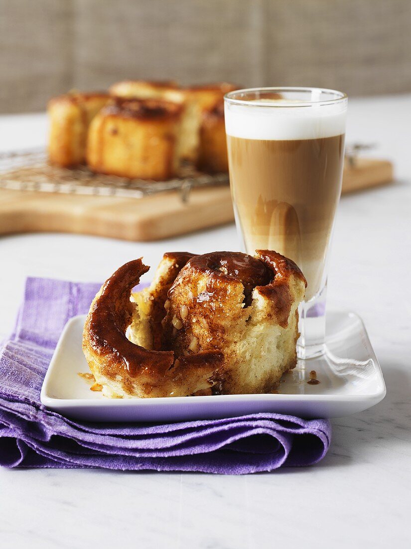 Sticky buns made with potato dough, caffe latte