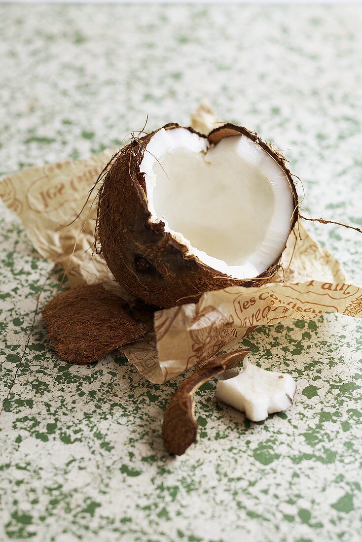 Opened coconut on paper