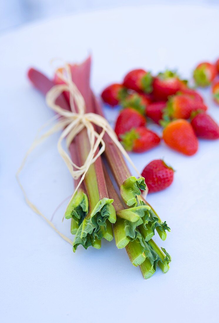 Rhabarberstangen und Erdbeeren