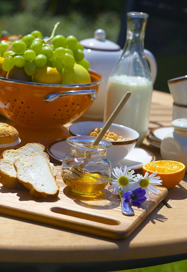 Frühstück im Freien (Honig, Hefegebäck, Cornflakes, Obst)