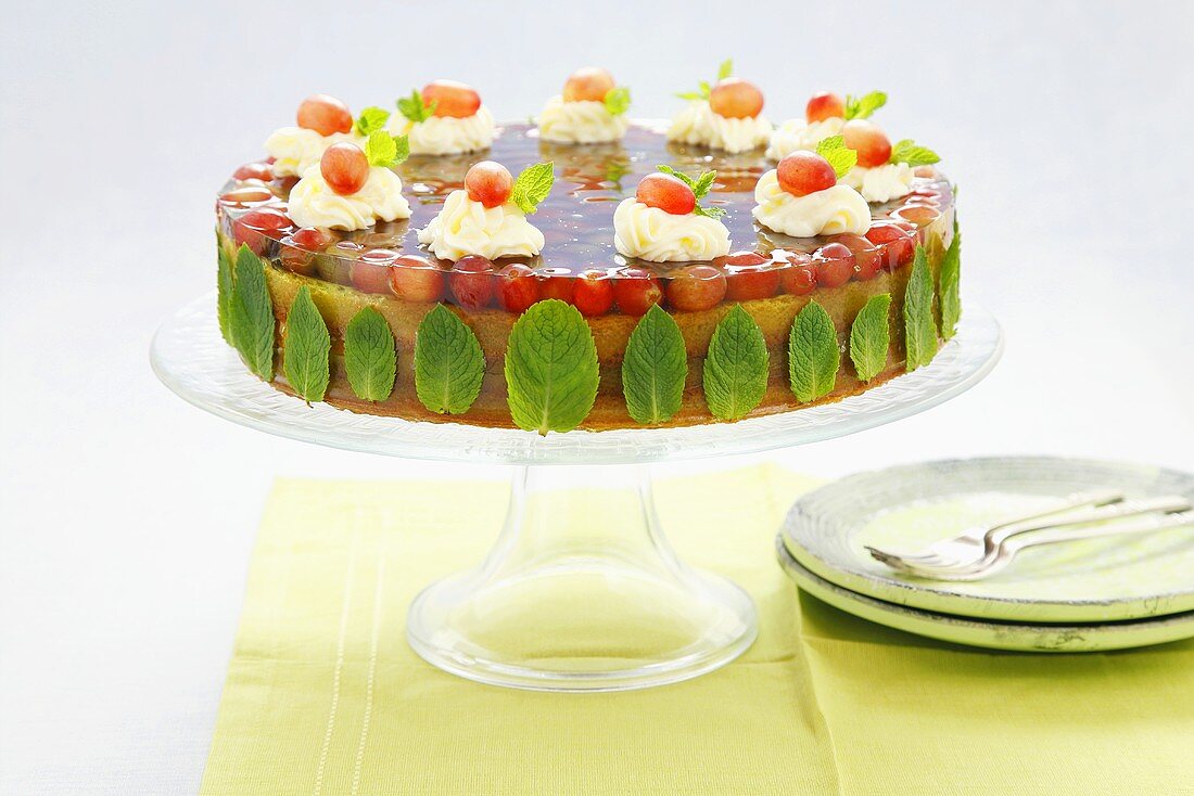 Kuchen mit Traubengelee, Minzblättern und Sahnetupfen
