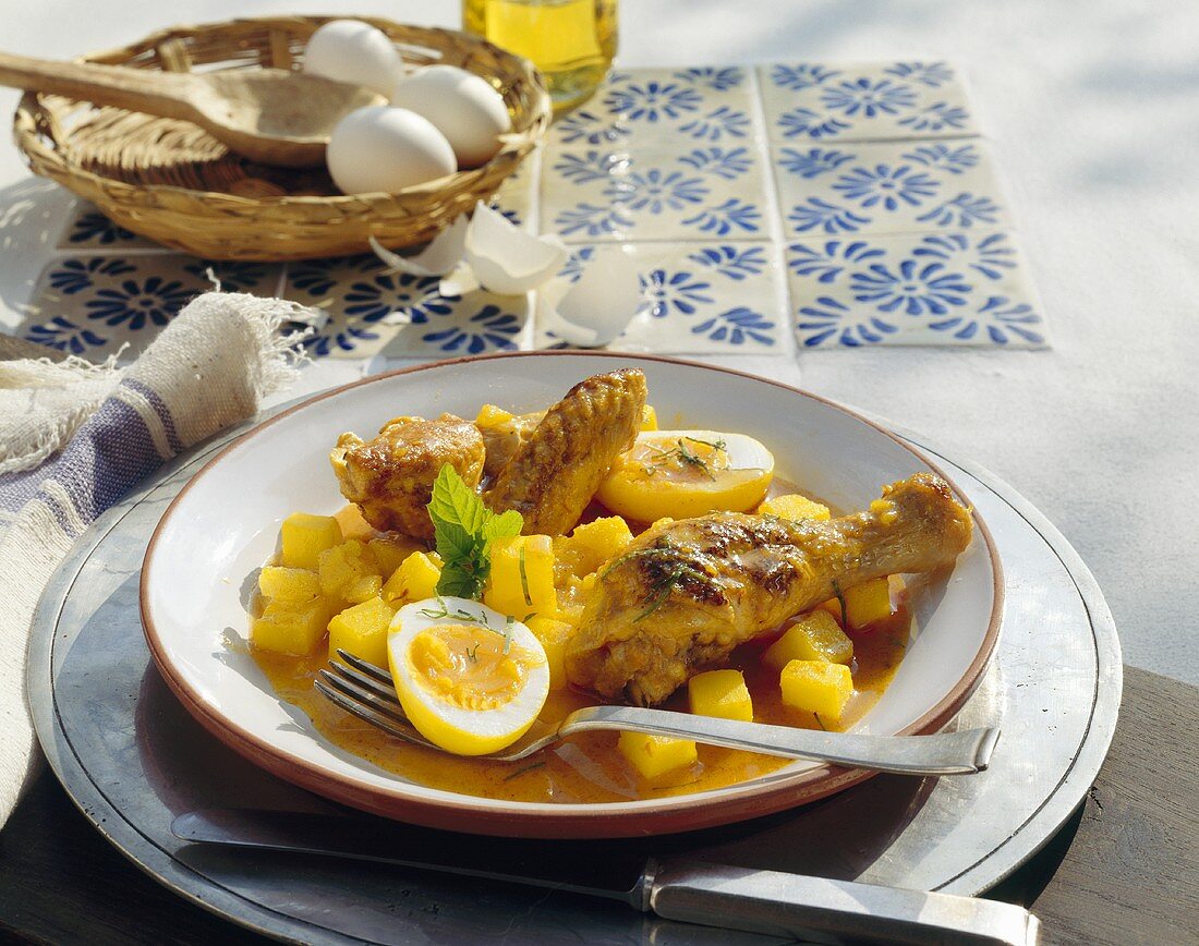 Chicken with potatoes and egg in saffron sauce, Mexico