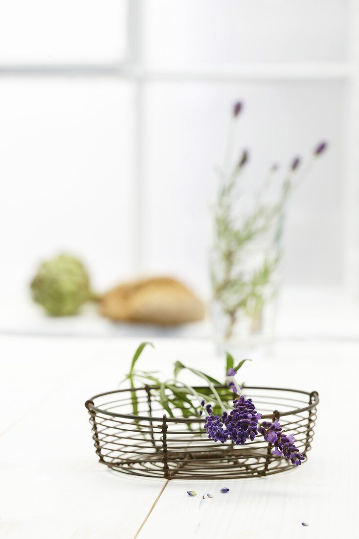 Lavender flowers in wire basket