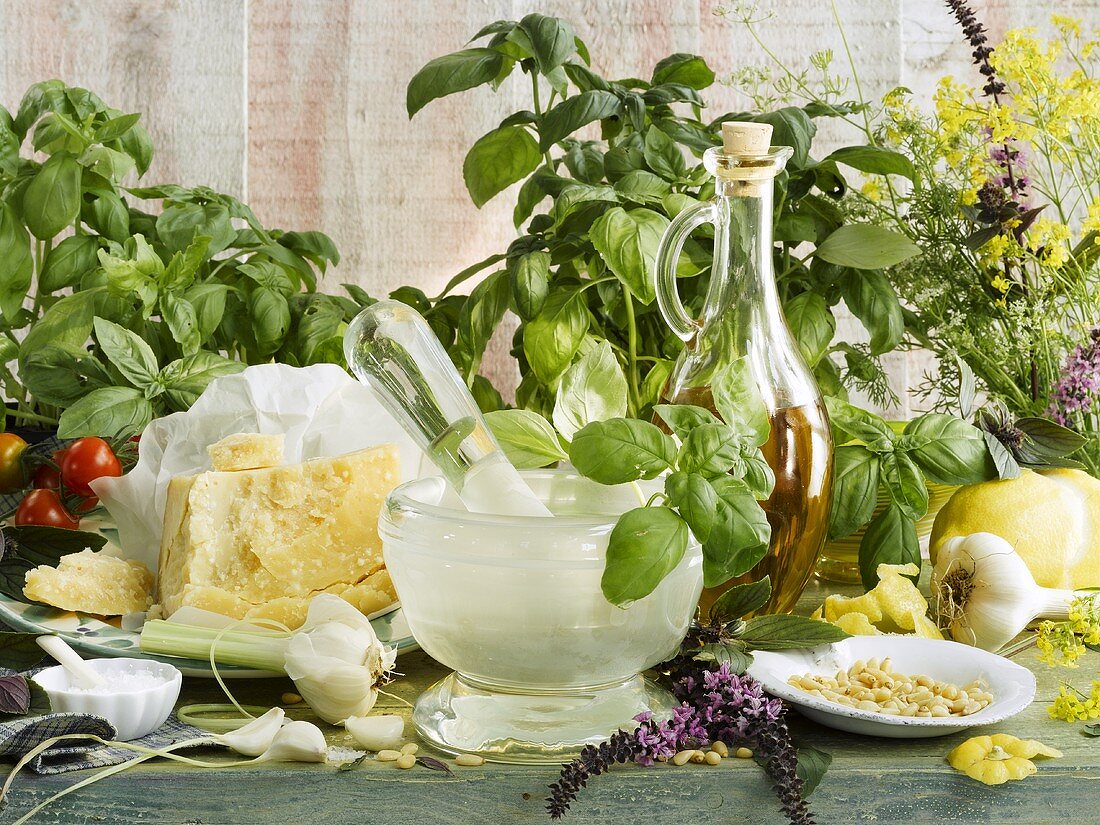 Ingredients for basil pesto