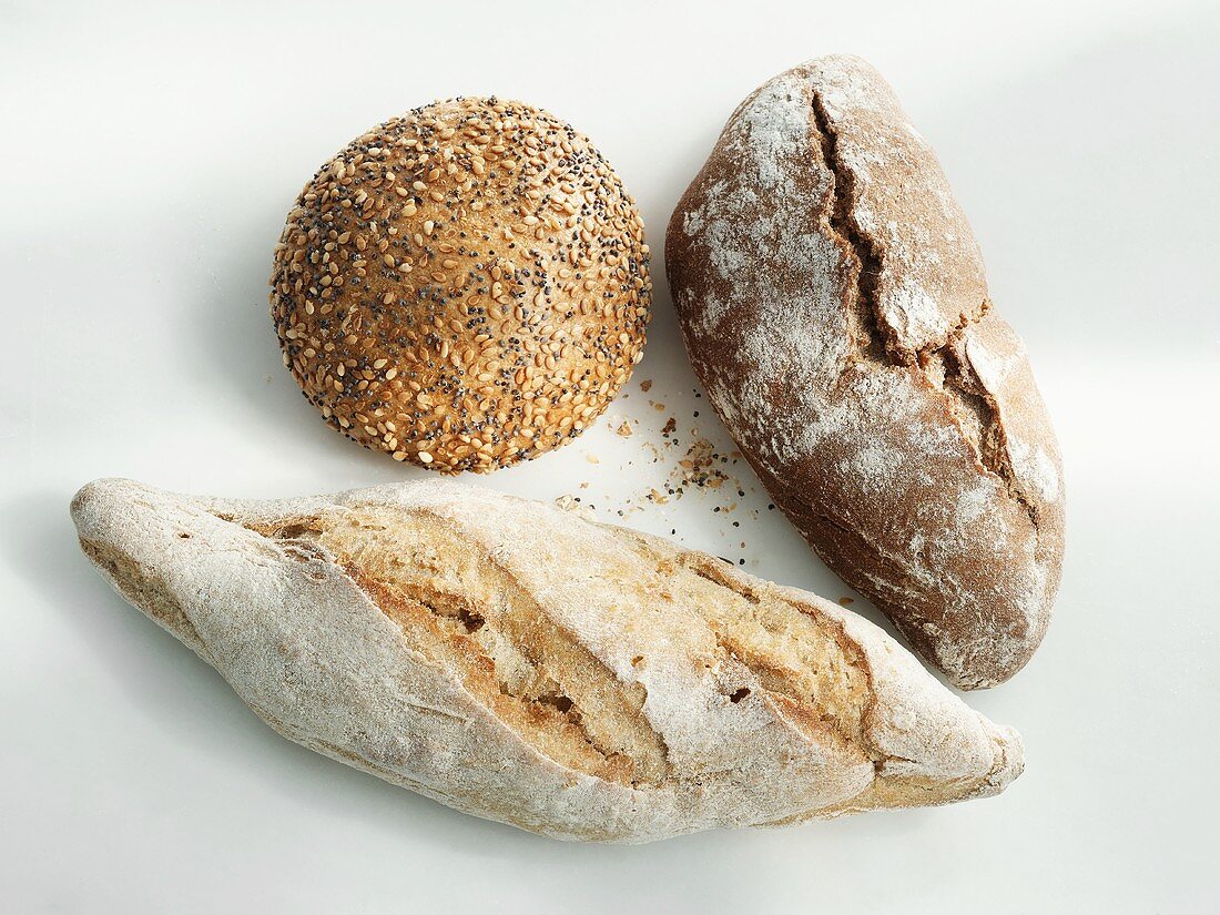 Three different bread rolls