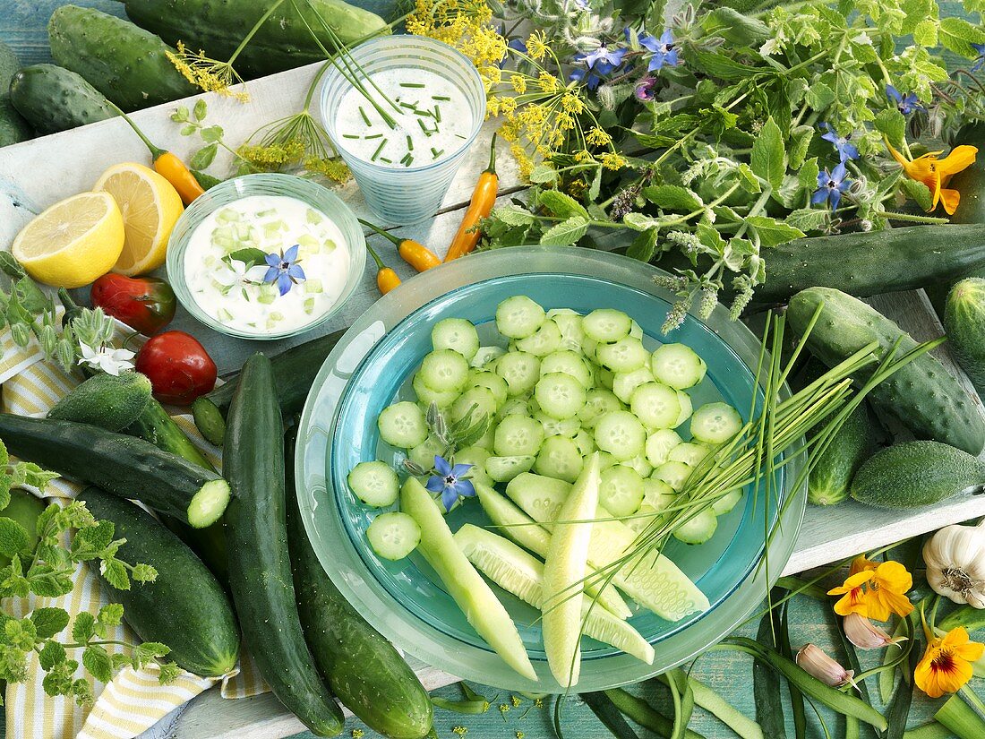 Cucumber with tzatziki and yoghurt and chive dip