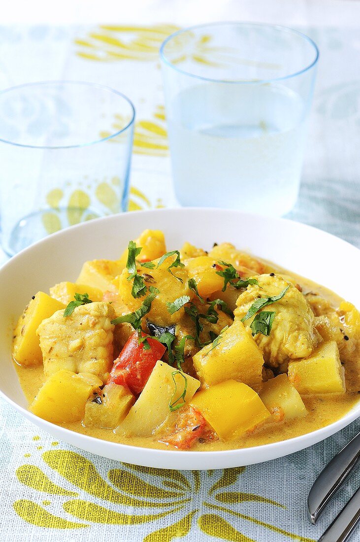 Monkfish ragout with pineapple and red pepper
