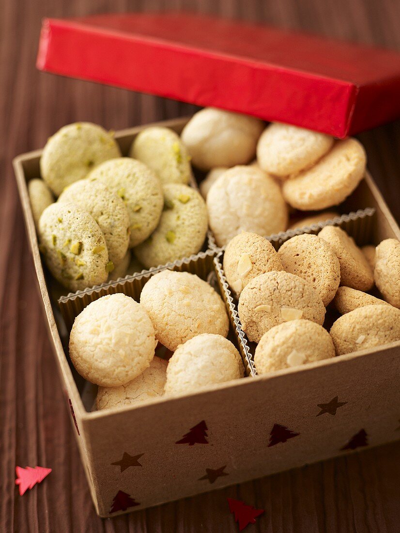 Assorted macaroons in a cardboard box