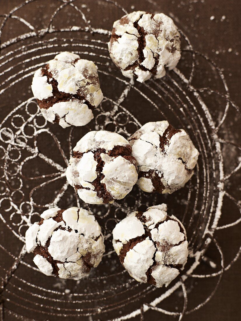 Chocolate biscuits with icing sugar on cake rack