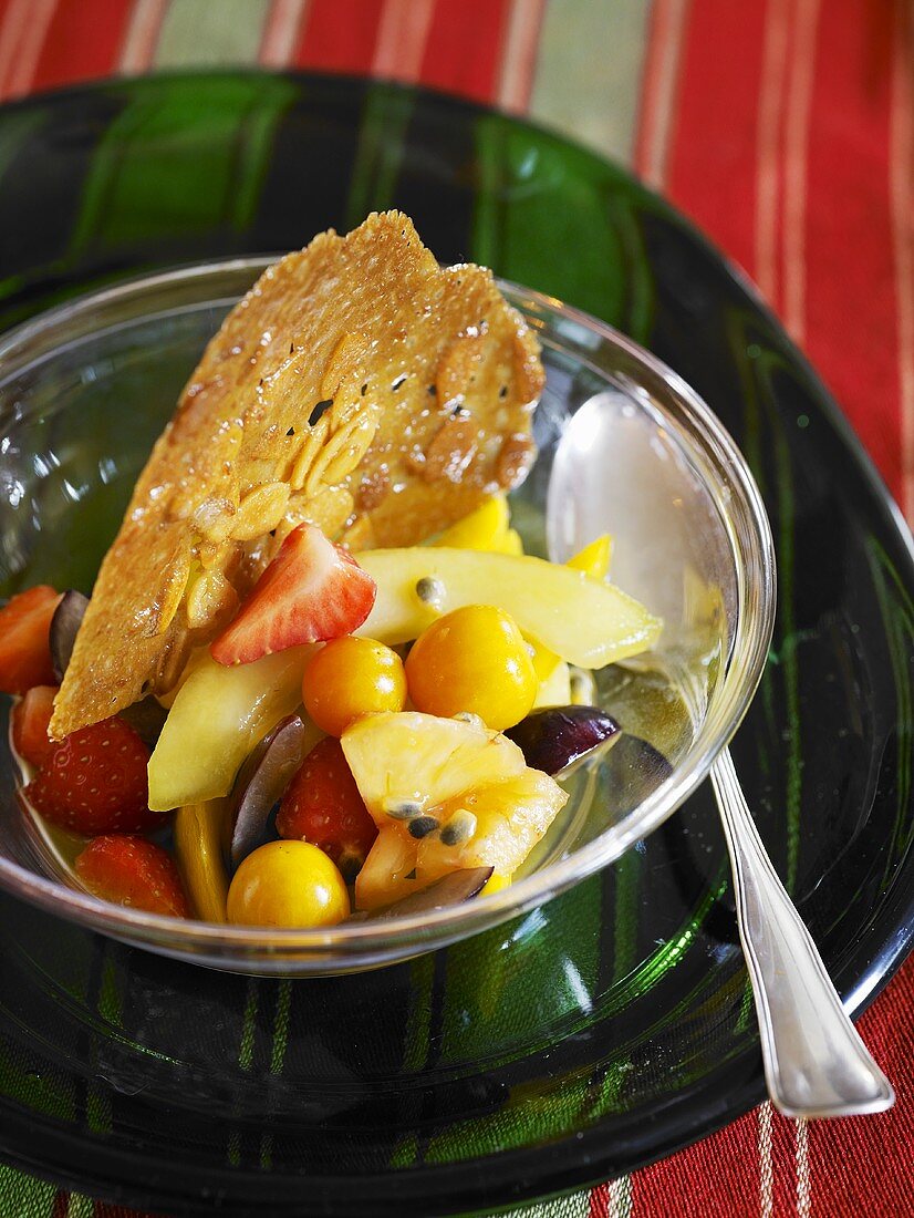 Fruit salad with almond tuille