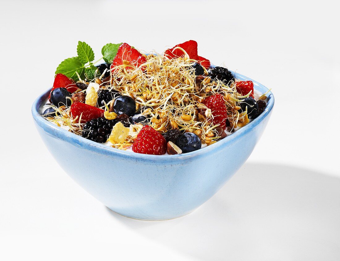 Muesli with fresh berries and wheat sprouts