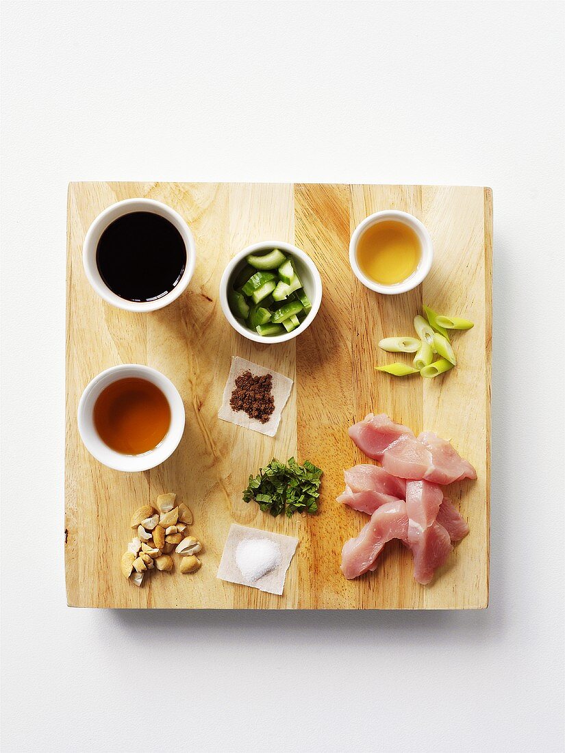 Ingredients for chicken fillet with five-spice powder (overhead view)