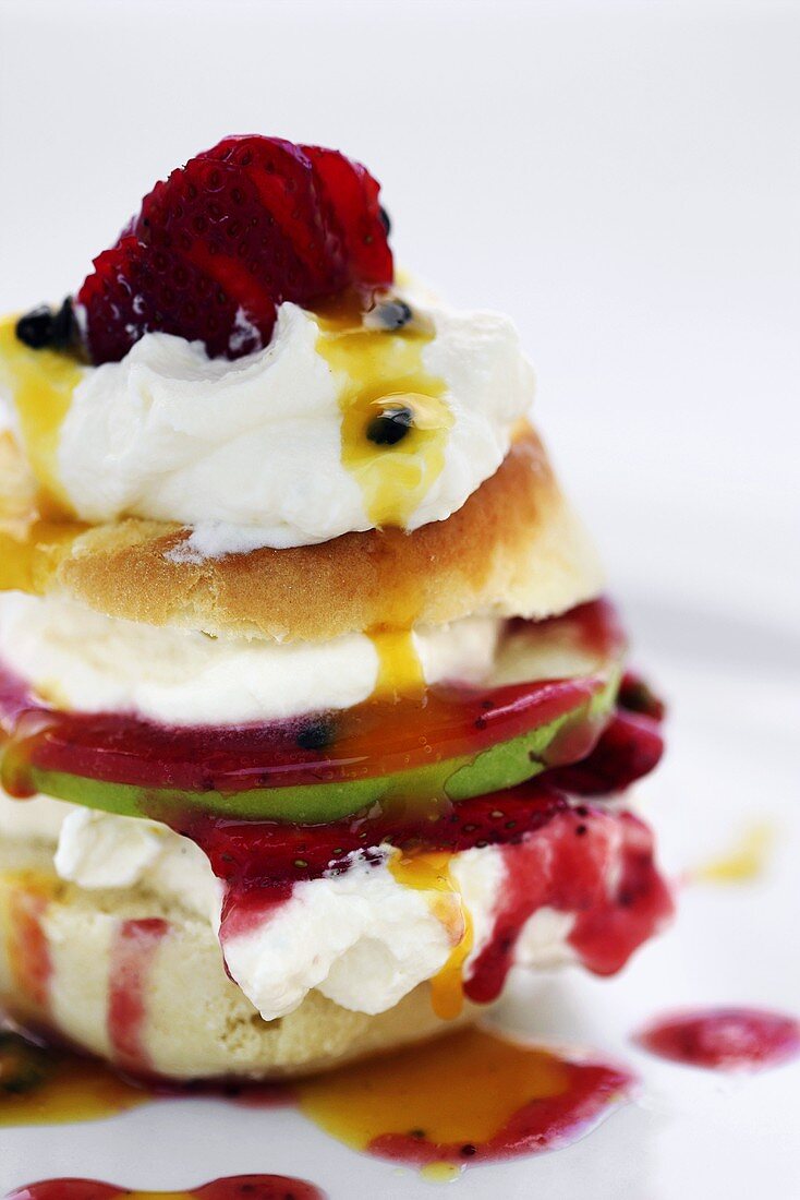 Strawberry shortcake with passion fruit sauce