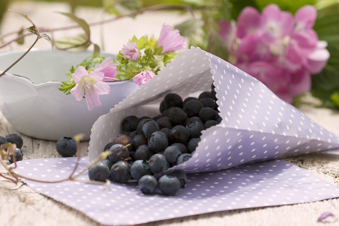 Heidelbeeren in einer Papiertüte, Malve und Hortensie