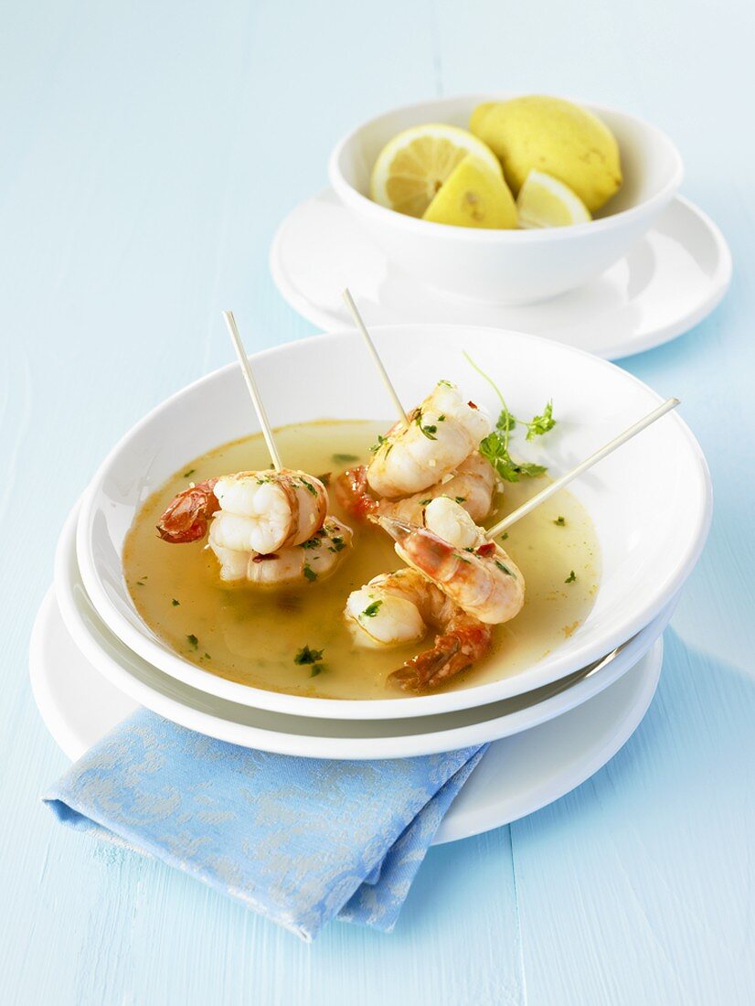 Garlic prawns in vegetable broth