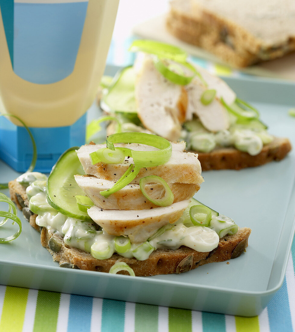 Open sandwich with chicken breast and spring onions