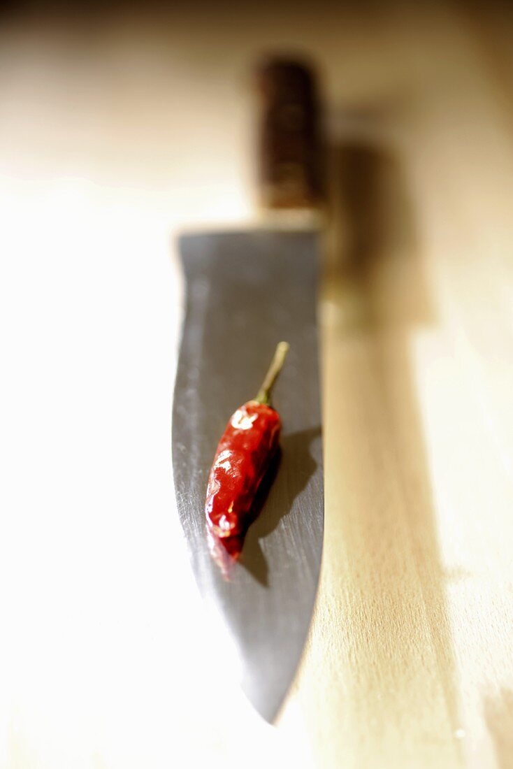 Getrocknete Chilischote auf Messer