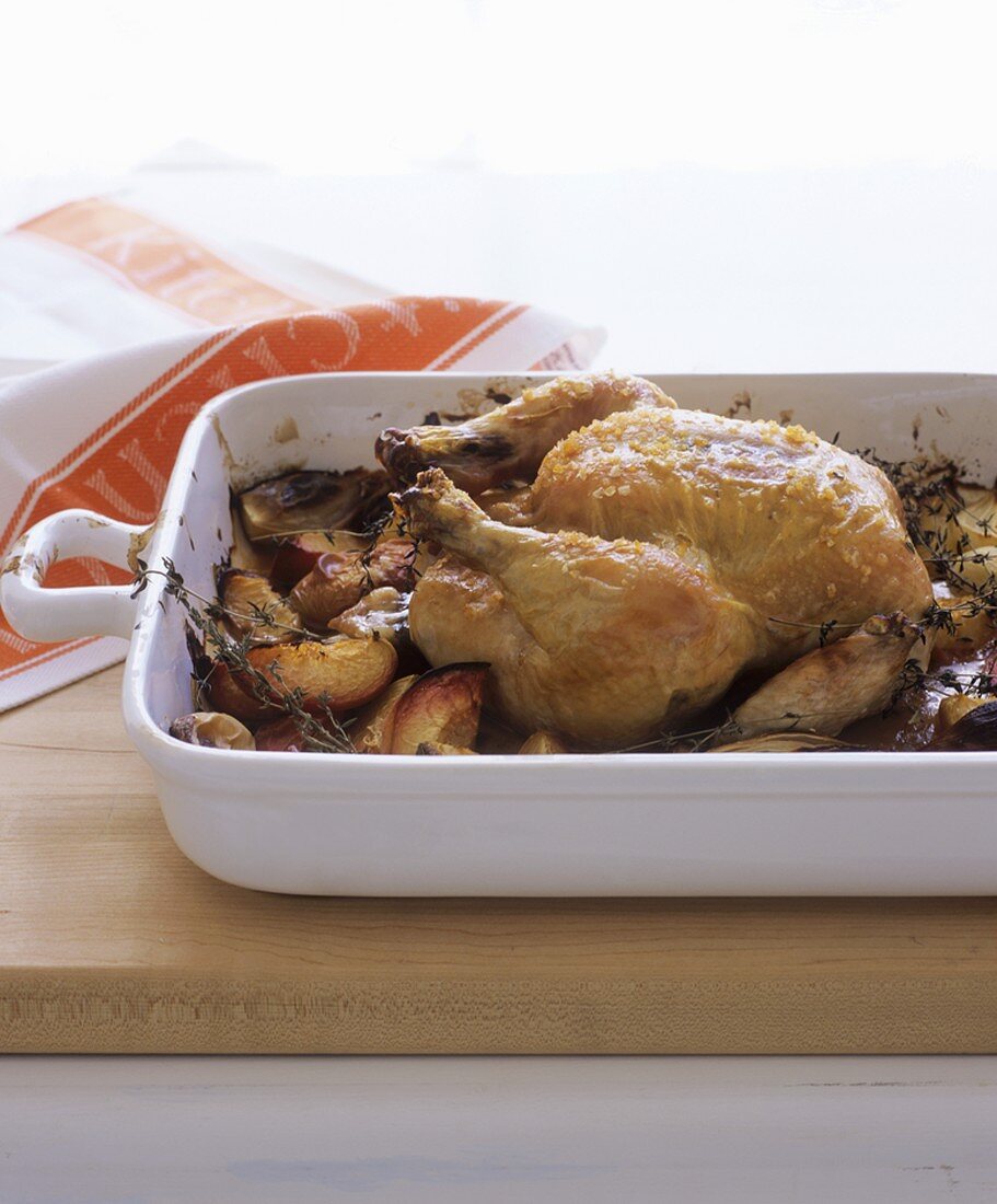 Roast chicken with balsamic peaches and herbs