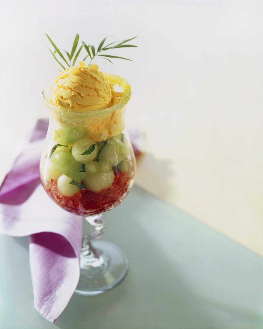 Ice cream dessert with melon balls