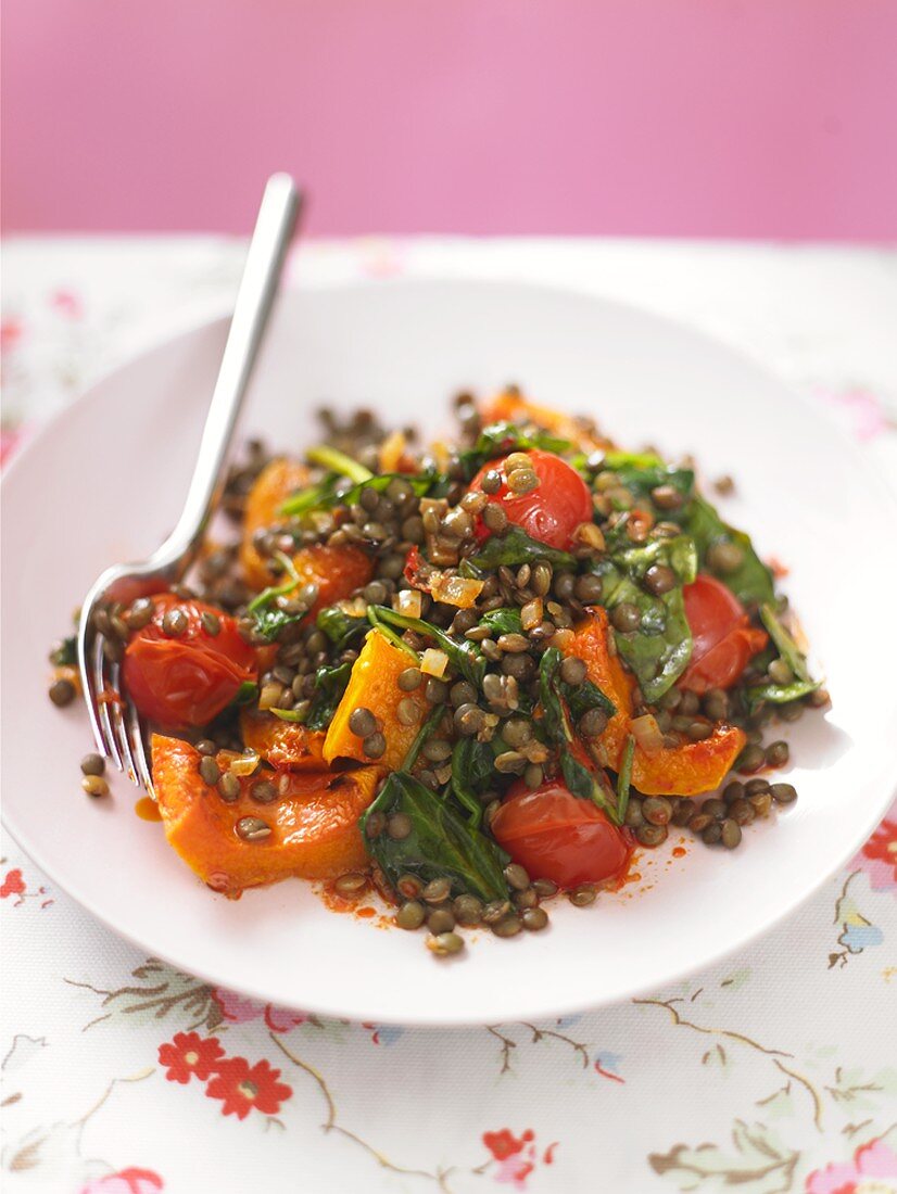 Lentil, pumpkin and tomato salad