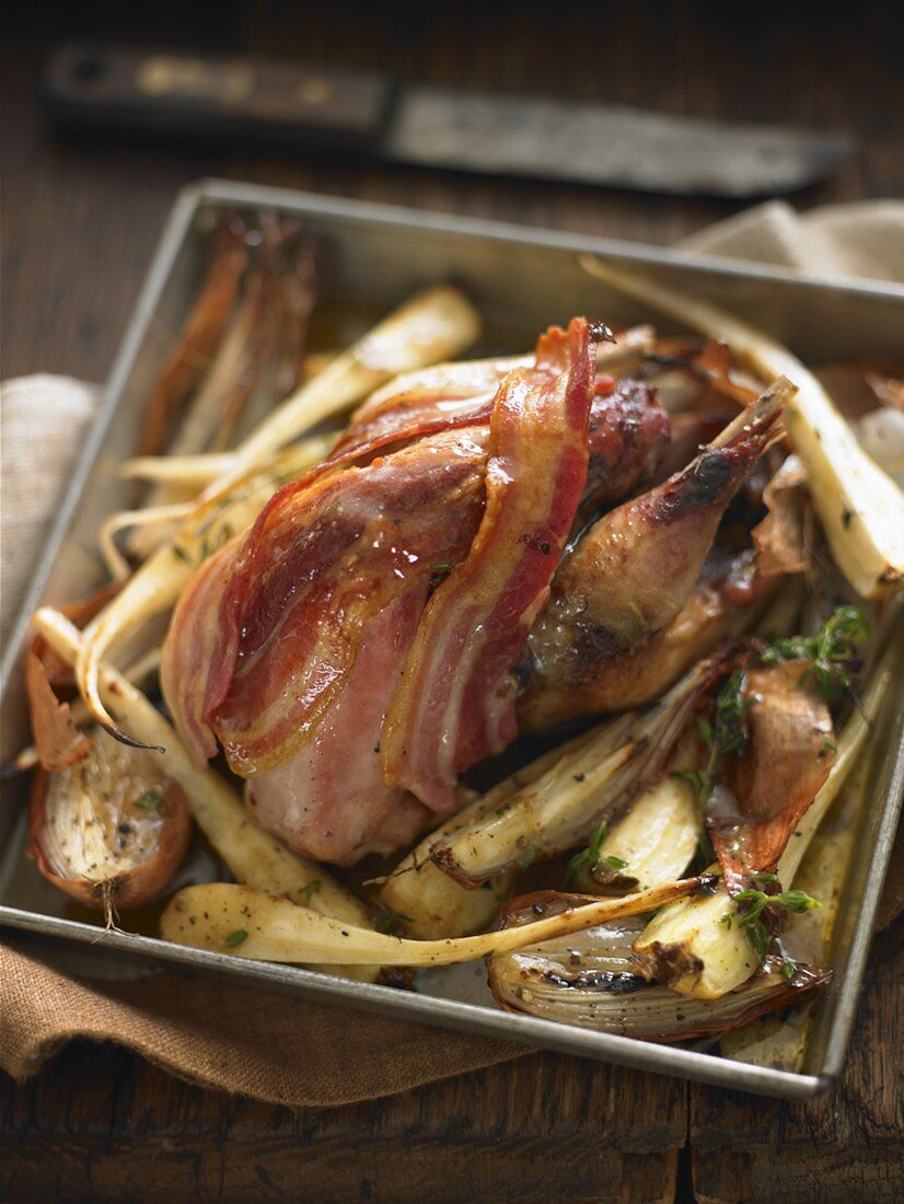Bacon-wrapped pheasant and vegetables